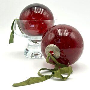 Mesmerizing Red Hand-blown Crackled Glass | Set of 2 Christmas Ornaments 4" | He